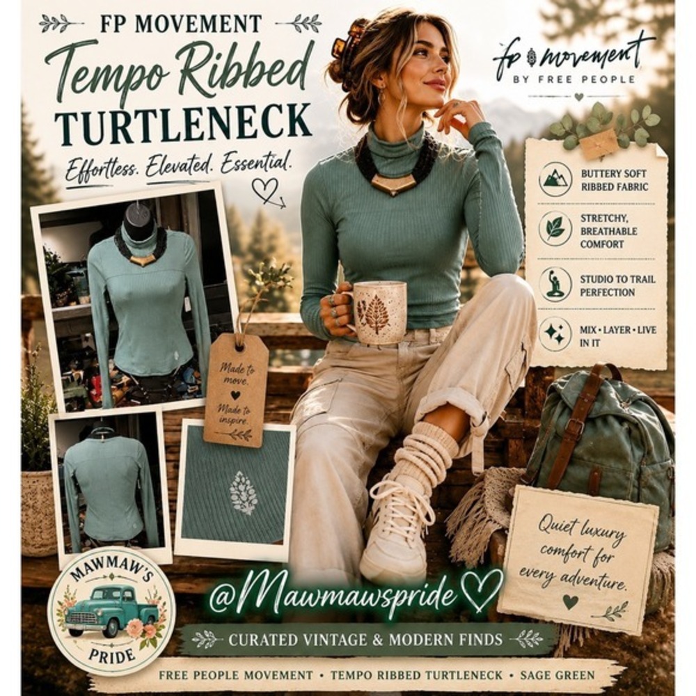 FP Movement Free People Tempo Ribbed Turtleneck Sage Green Long Sleeve Top NEW